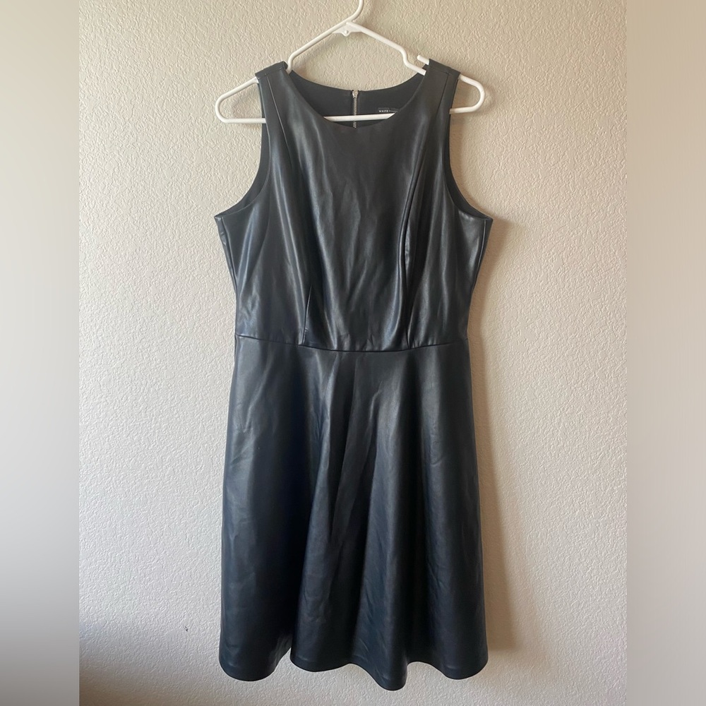 WHBM: black leather dress, sleeveless, pockets, size 10.